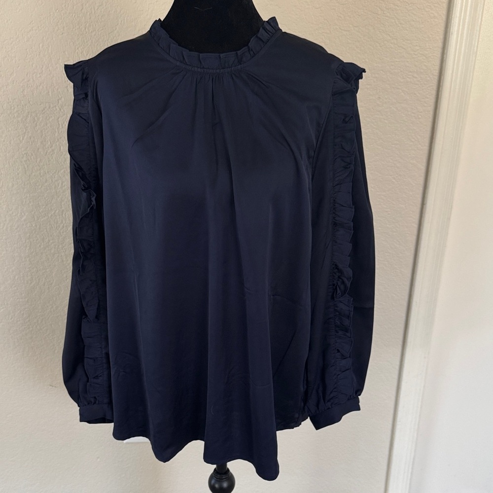 J. Crew Navy Ruffle Sleeve Blouse